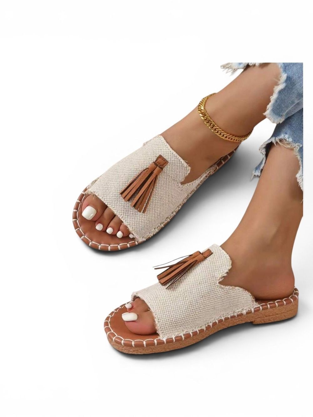 Women’s Cream Slide Sandals with Brown Tassel Accent
